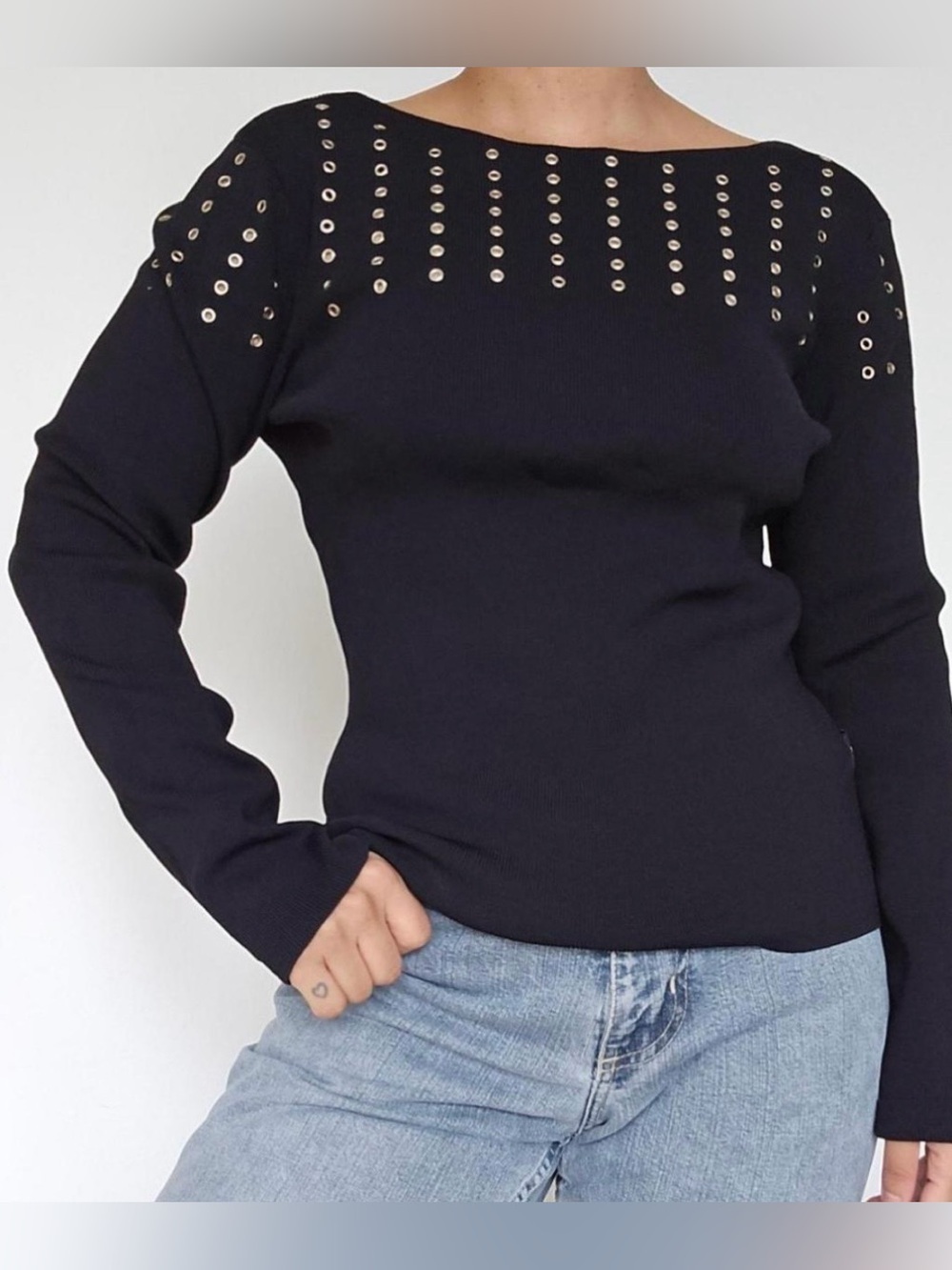 Harley Davidson Women’s Vintage Black Grommet Ribbed Sweater Jumper Size Medium
